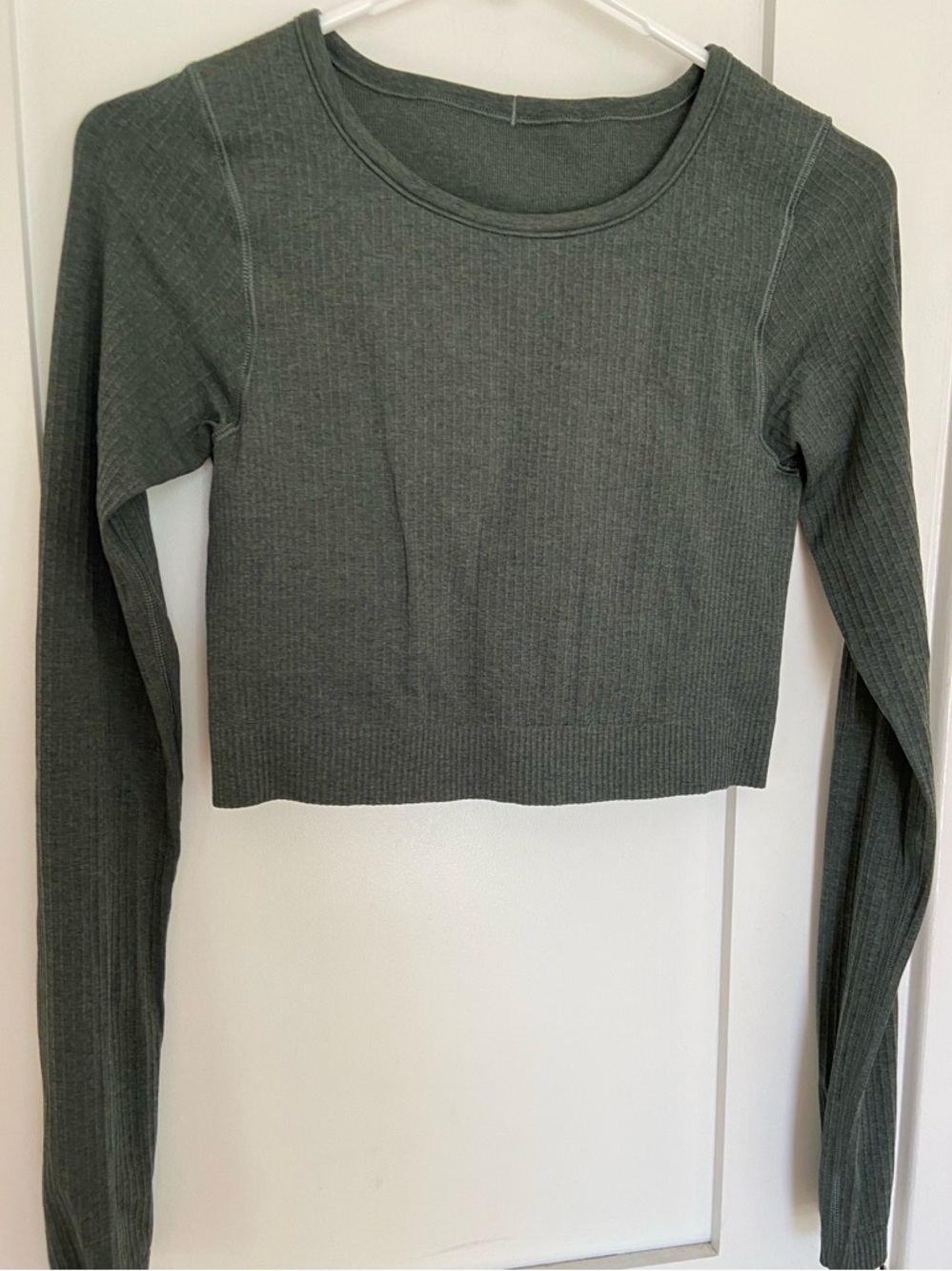 25. Size 6 LULULEMON Olive Green Ribbed Ebb To Street Cropped Longsleeve